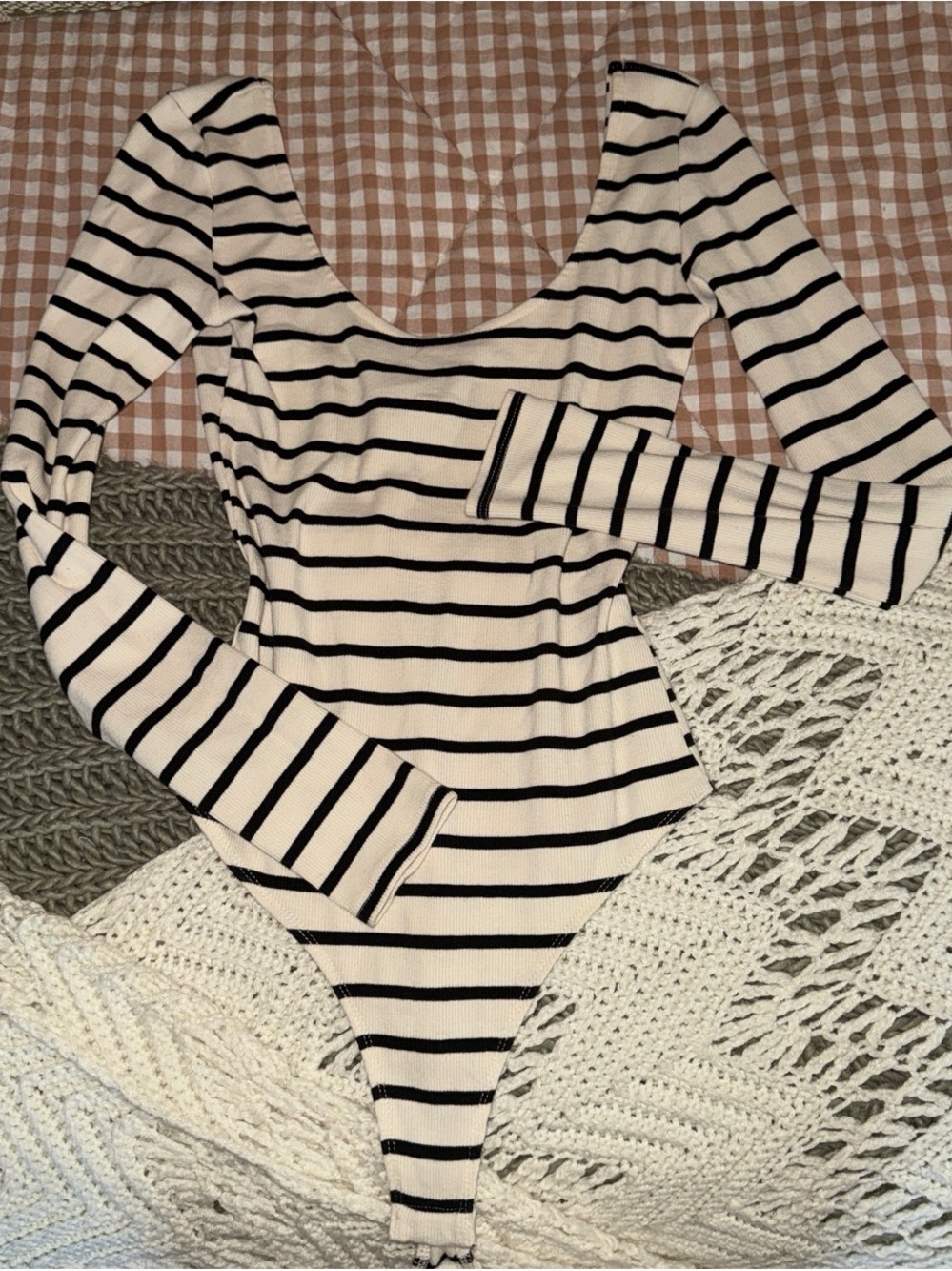 Forever 21 Cream and Black Striped Long-Sleeve Bodysuit